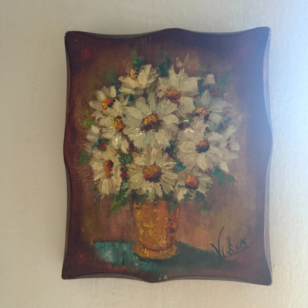 Vintage Mary Vickers Oil Painting on Wood Plaque White Daisy Floral Still Life - Picture 5 of 8